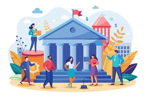 un ilustración representando un diverso grupo de personas en pie fuera de un grande edificio con columnas, posiblemente un palacio de justicia o gobierno edificio. vector