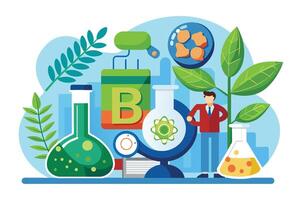A scientist observes a plant growing in a flask, surrounded by other laboratory equipment. vector