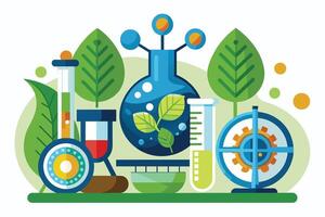 A colorful illustration depicting a green science laboratory with a beaker, test tubes, and other scientific equipment. vector