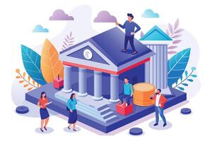 A colorful illustration of people standing outside a bank building, with coins and clouds in the background. vector