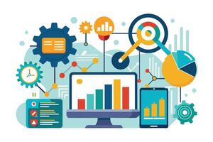 A colorful illustration depicting data analytics, digital marketing, and technology through various graphical elements like charts, graphs, and gears. vector
