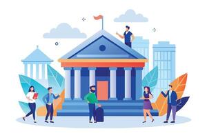 A flat illustration of people walking in front of a large building with columns. There are also trees and buildings in the background. vector