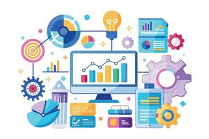 An illustration depicting various data points, charts, graphs, and gears, representing data analysis and business strategy. vector