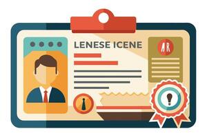 An illustration of a license with a persons information and a seal of approval. vector