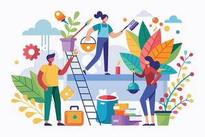 An illustration depicting three individuals collaborating on a project. The scene is full of colorful elements like plants, books, and tools, symbolizing a creative and diverse workplace. vector