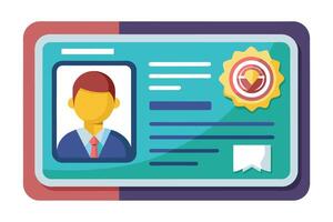 An illustration of a digital identification card with a mans profile picture and a seal of approval. vector