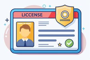 Illustration of a digital license card with a profile picture, a shield icon, and a green checkmark. vector