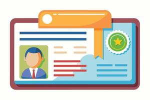 A flat design illustration of an ID card with a photo, text, and a seal. The ID card has a yellow ribbon and a green star on the seal. vector