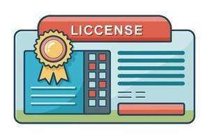 A colorful illustration of a digital license featuring a ribbon and a grid of information fields. vector