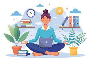 A woman meditates in a lotus position while working on her laptop in a home office setting. She has her eyes closed and appears relaxed. vector