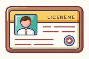 This is a cartoon illustration of a license card with a mans profile picture. The card is brown with yellow and red accents. vector