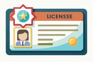 An illustration of a license card with a womans profile picture, a star-shaped seal, and empty lines for information. vector