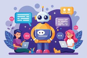 A cartoon robot helps two users with online chat and customer service. The robot holds a laptop with a chat bubble, and users interact via chat bubbles. vector