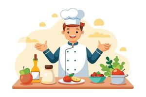 A cartoon chef stands in front of his kitchen counter, smiling and welcoming customers. He has ingredients and prepared food on the counter. vector