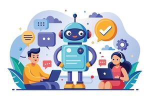An illustration depicting a friendly robot assisting two users with online services, showcasing the efficiency and accessibility of automated solutions. vector