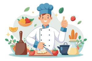 A smiling chef in a white uniform and blue hat is preparing a meal, holding a knife and cutting food on a cutting board. He has a thumbs up, indicating his enjoyment of cooking. vector