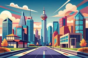 A digital illustration depicting a colorful cityscape with tall buildings, a large tower, and an empty road. The sky is a vibrant sunset with fluffy clouds. vector