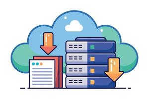 An illustration of a digital file being downloaded from a cloud server. The file is represented by a document icon, and the server is depicted as a stack of data storage units. vector