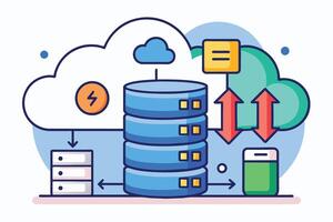 This illustration depicts a cloud server with data being transferred to and from a smartphone and another server, highlighting the concept of data synchronization and cloud-based storage. vector