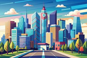 A colorful illustration of a cityscape with tall buildings, a road, and trees. The buildings are various colors and designs, and the sky is a bright blue with clouds. vector