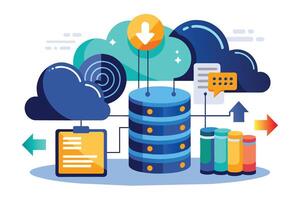 An illustration depicting a cloud database server with data transfer and communication arrows. vector