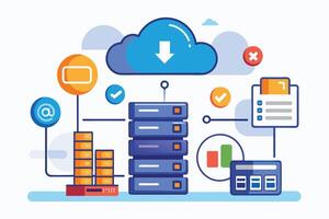 Illustration depicting a cloud-based server management system with multiple features and options for data storage, access, and security. vector
