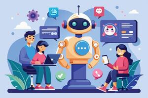 An illustration depicts three people interacting with a friendly AI robot in a modern office setting. The people are using technology devices and the robot is providing assistance. vector