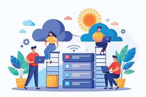 A digital illustration depicting four people working on laptops and servers in a cloud-based environment. vector