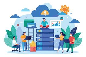 A group of professionals collaborating on a cloud server infrastructure - man on servers, woman and man on laptops, another man on computer. vector