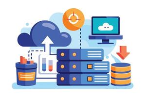 Illustrating cloud data storage and server management, data is uploaded and managed on a cloud server, accessible for download on a computer. vector