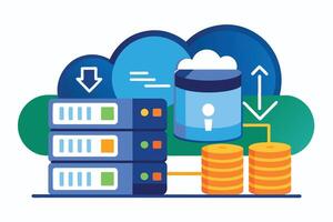 An illustration of a cloud computing system with server racks, data storage, and network connections, demonstrating data transfer and storage in the cloud. vector