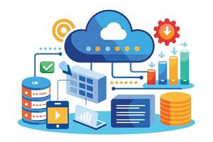 This illustration depicts a modern cloud computing system with data storage, analytics, and mobile access. It features a cloud connected to various data sources and applications. vector