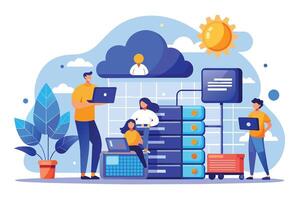 A cartoon illustration depicting people using laptops while working on a server rack connected to the cloud. vector