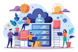 An illustration depicting a group of people working with cloud computing and servers in a sunny day setting. vector