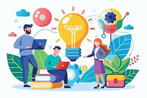 An illustration depicting a team of three professionals working together on new ideas. They are surrounded by a bright lightbulb, representing creativity and innovation. vector
