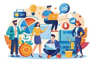 A team of business professionals work together to analyze data, develop a strategy, and achieve success. They use technology and a variety of tools to make informed decisions. vector