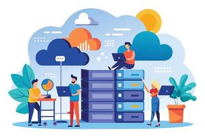Illustration showing four people working with a cloud server system, analyzing data and using laptop computers. vector