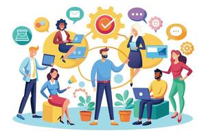 A diverse team of professionals works together on a project, collaborating and innovating to achieve their goals. vector