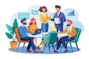 An illustration depicting a group of diverse professionals engaged in a lively discussion during a business meeting in a modern office. vector