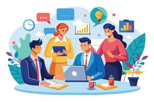 A group of business professionals work together at a table, focusing on their laptops and digital tablets. The image conveys a sense of teamwork, collaboration, and success. vector