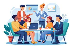 A business team of five people is having a meeting around a table. Two people are standing and three are sitting, while all of them are looking at a laptop and charts. vector