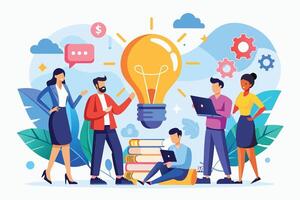 An illustration of a diverse team of people working together to generate new ideas and innovations, represented by a large light bulb. vector