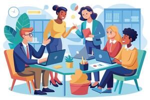 A team of professionals collaborates on a project during a business meeting. They are seated around a table with laptops and office supplies, working together effectively. vector
