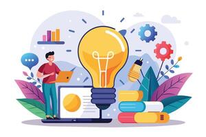 A man is working on a laptop with a large light bulb representing new ideas. He is surrounded by books, gears, and plants, symbolizing the elements of knowledge and innovation. vector