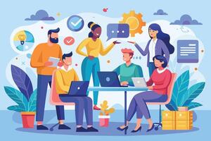 A diverse team of professionals is gathered around a table, working on a project together. They are using laptops and engaging in conversation, indicating collaboration and teamwork. vector