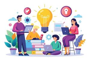 An illustration of a diverse team working together on laptops, with a large light bulb symbolizing a new idea. vector