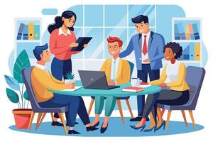 An illustration of a diverse team meeting in a modern office setting. The group is seated around a table, discussing ideas and using a laptop. vector