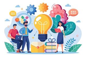 Illustration depicting a team of three professionals collaborating and brainstorming new ideas, represented by a lightbulb, with laptops and a stack of books. vector