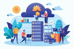 Illustration depicting a team of diverse individuals working together on cloud servers. vector