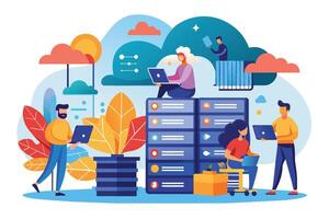 An illustration depicting people working on computers near a server rack in the cloud. The image represents cloud computing, data storage, and collaboration. vector